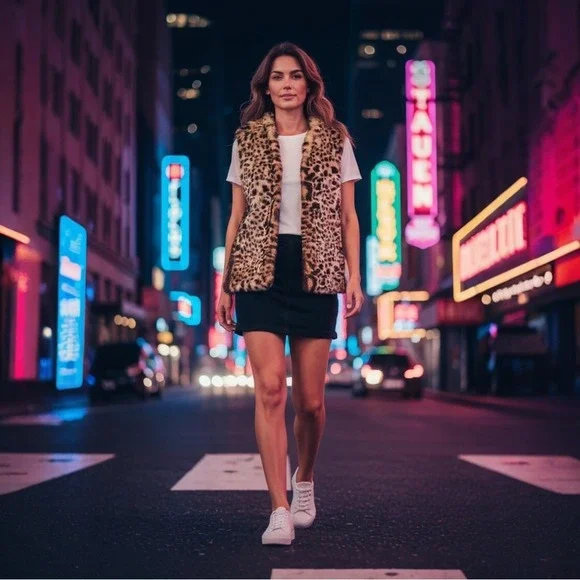 Oversized Faux Fur‎ Soft Animal Print Vest Womens XS Cheetah Adrienne Landau - Picture 11 of 16